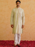 SOJANYA LUXE Striped Embellished Mandarin Collar Mirror Work Georgette Straight Kurta