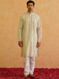 SOJANYA LUXE Striped Embellished Mandarin Collar Mirror Work Georgette Straight Kurta