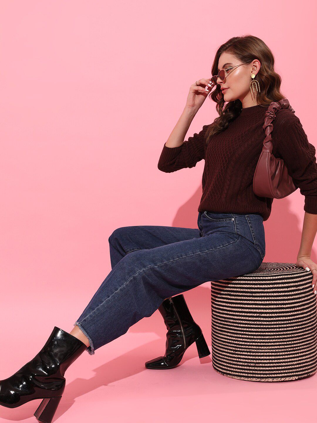 STREET 9 Women Burgundy Cable Knit Pullover Sweater
