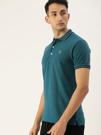 Being Human Clothing Men Teal Blue Solid Polo Collar Pure Cotton T-shirt with Tipping Detail