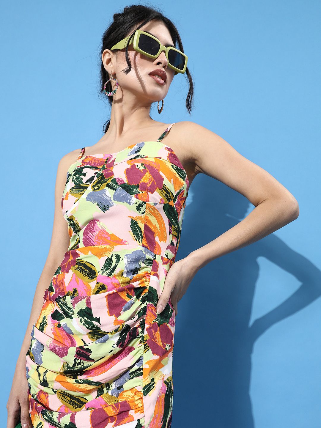 Berrylush Women Striking Multi-Coloured Abstract Ruched Dress