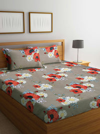 KLOTTHE Grey Floral Polycotton 210 TC King Fine Bedsheet with 2 Pillow Covers-108 x 108 inches