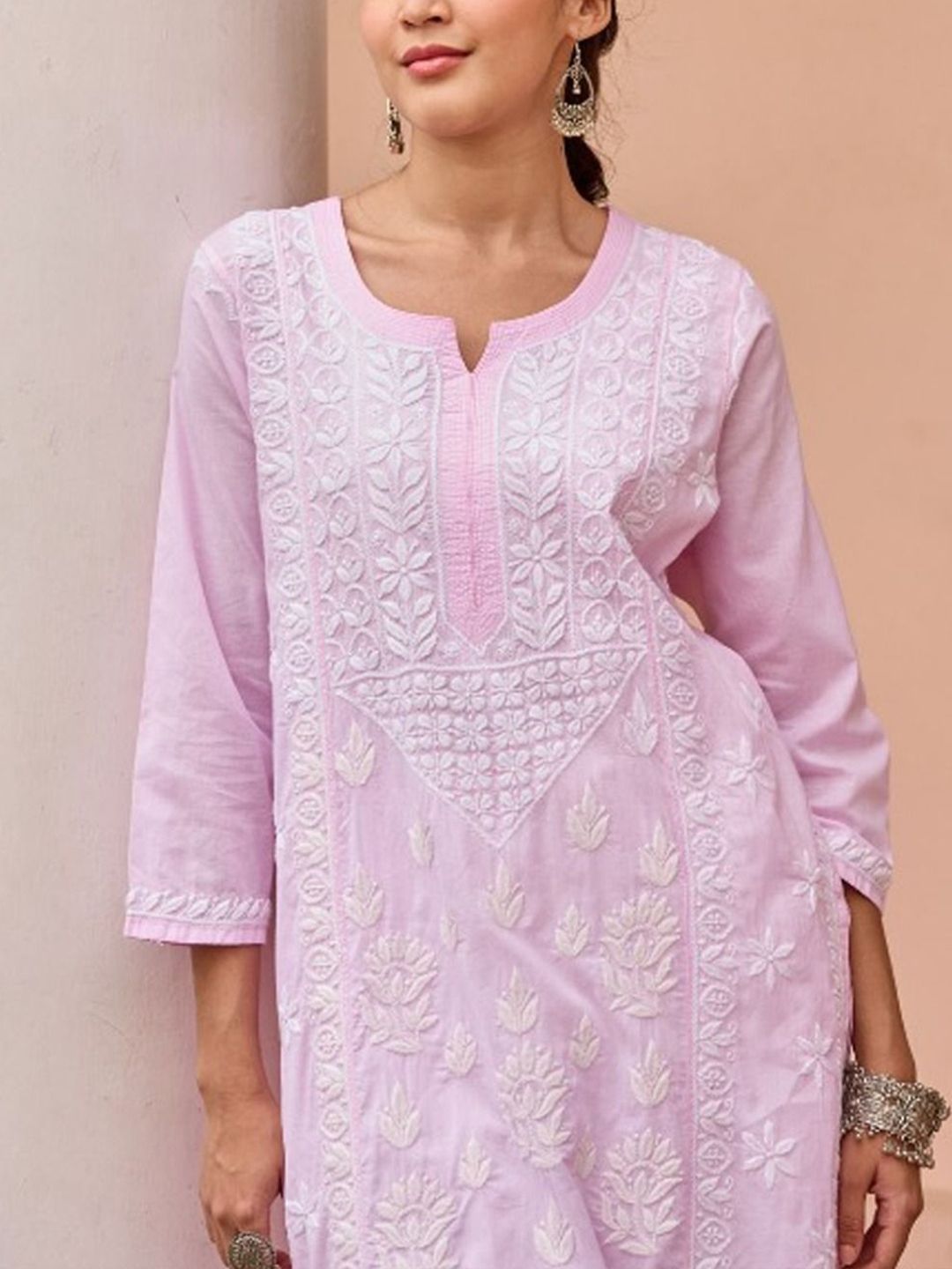 House of Chikankari Women Pink Cotton Chikankari Embroidered Kurta