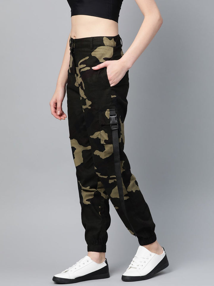 STREET 9 Women Olive Green & Brown Camouflage Print Cargos