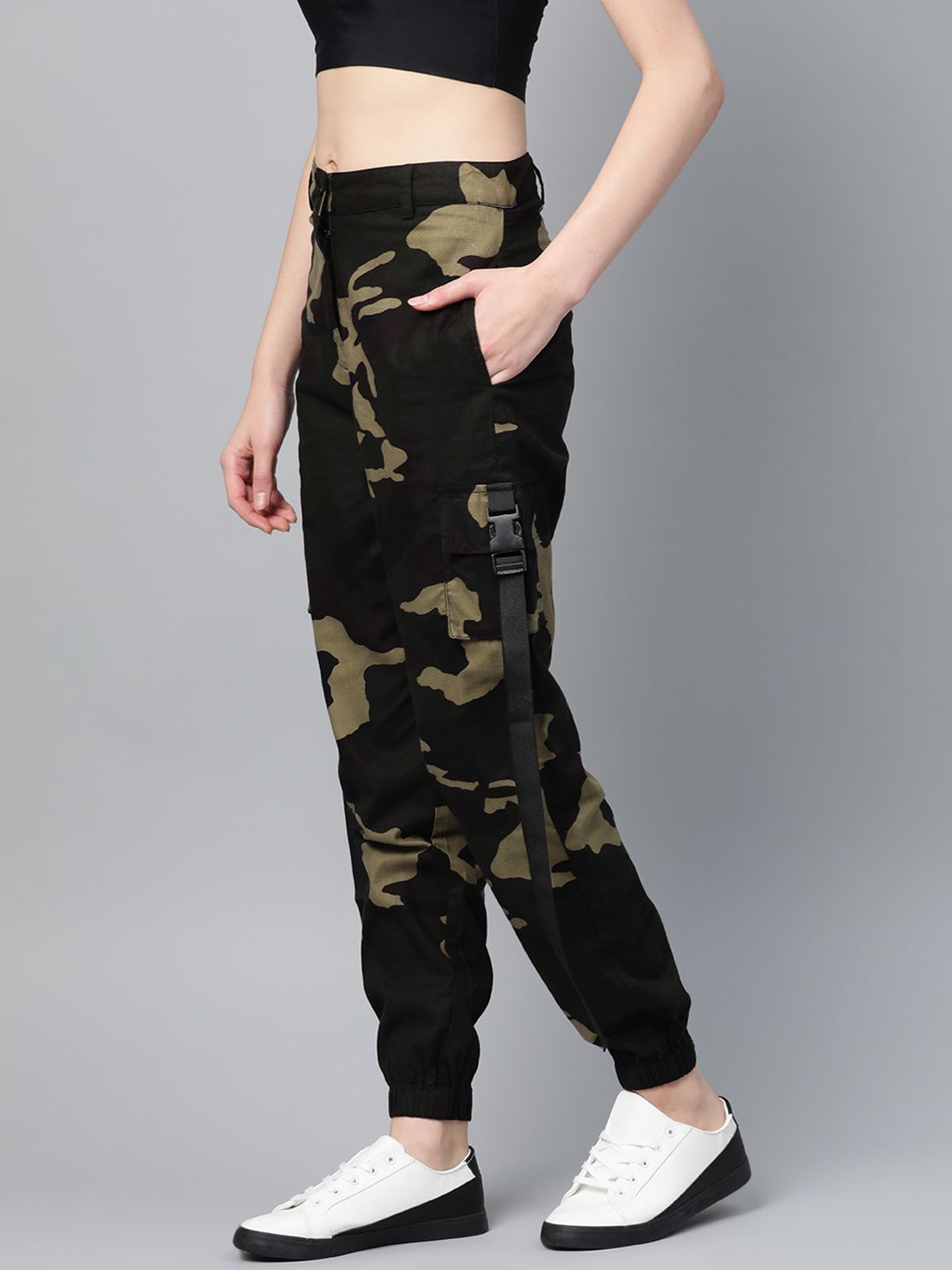 STREET 9 Women Olive Green & Brown Camouflage Print Cargos