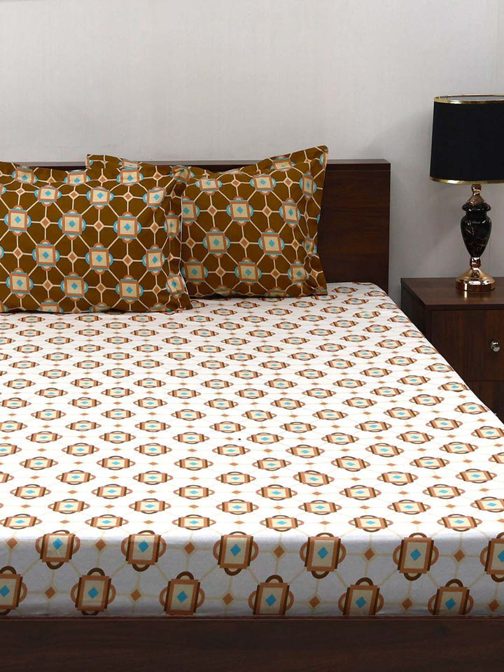 BOMBAY DYEING Aster Brown Geometric 100 TC Cotton Queen Bedsheet Set-2.24 m X 2.44 m