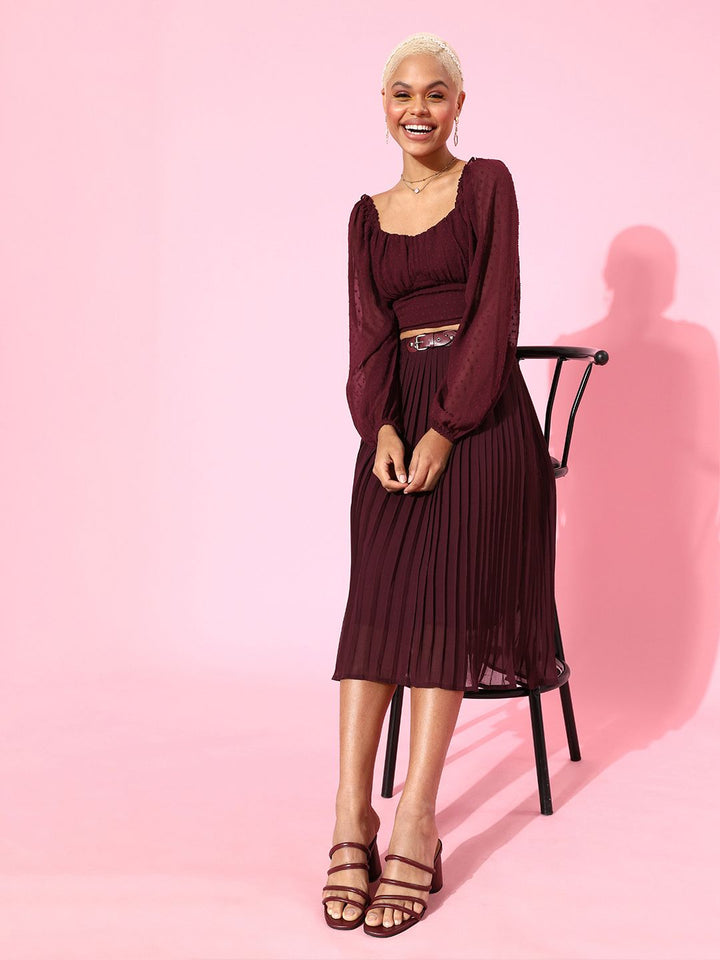 Berrylush Women Charming Maroon Solid Georgette Bishop Sleeves Top