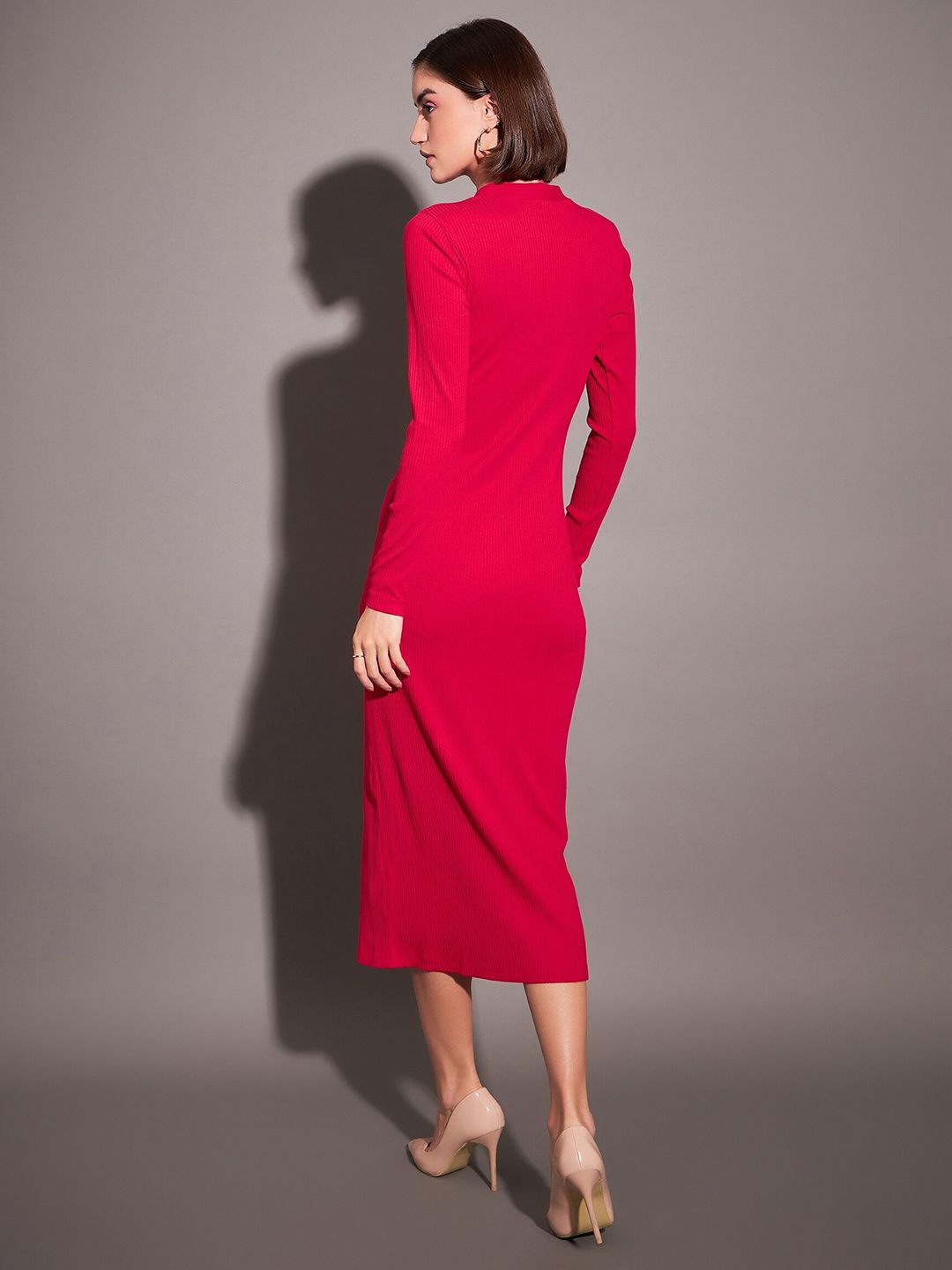 SASSAFRAS Red V-Neck Ribbed Sheath Midi Dress