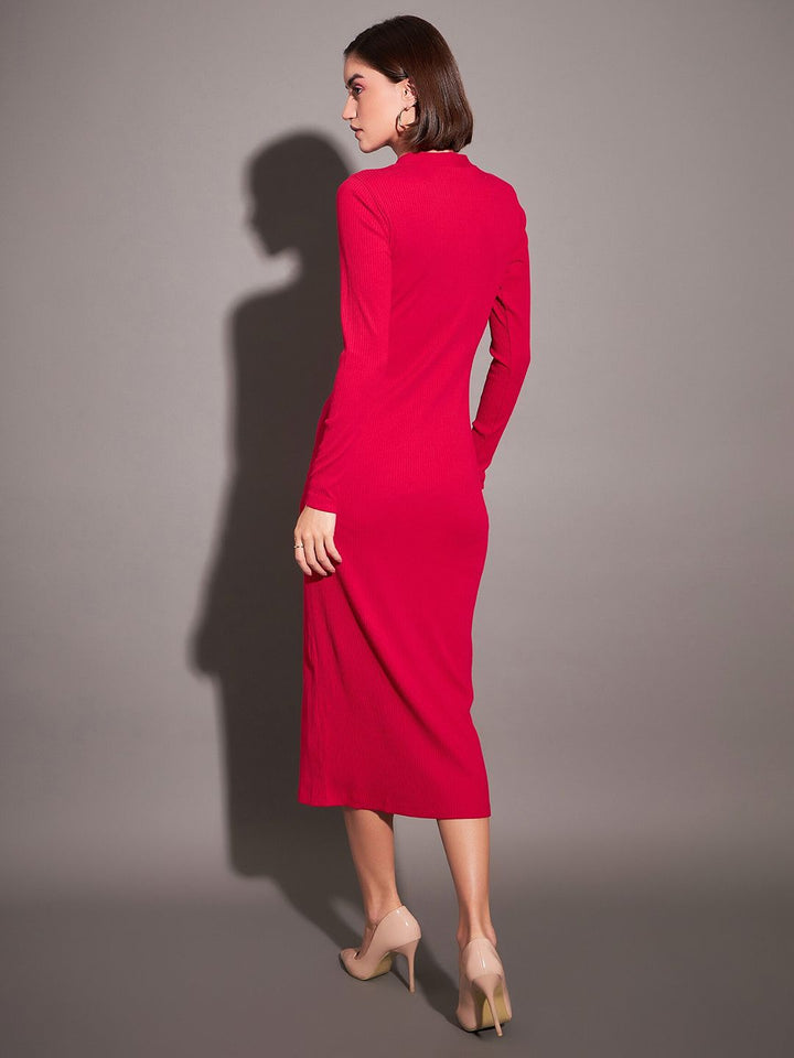 SASSAFRAS Red V-Neck Ribbed Sheath Midi Dress