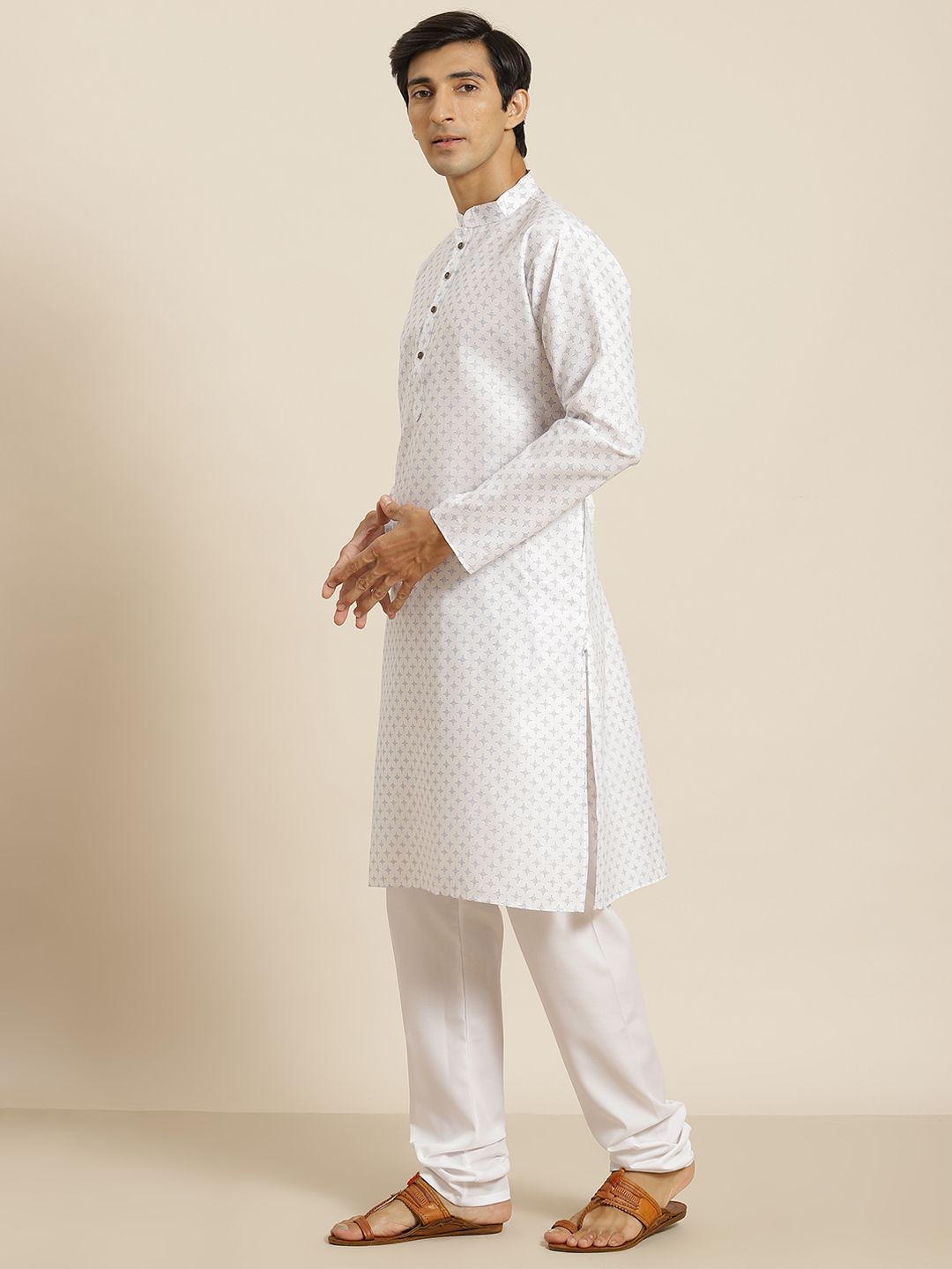 SOJANYA Lelaki Putih & Hitam Cetakan Geometri Kurta Lurus