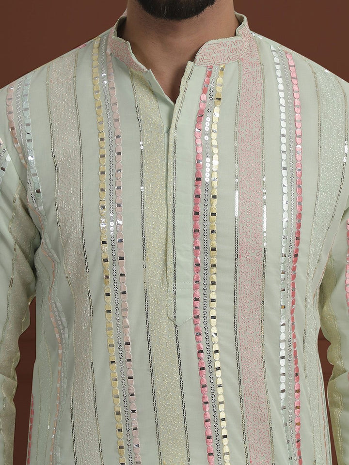 SOJANYA LUXE Striped Embroidered Mandarin Collar Straight Georgette Kurta & Pyjama