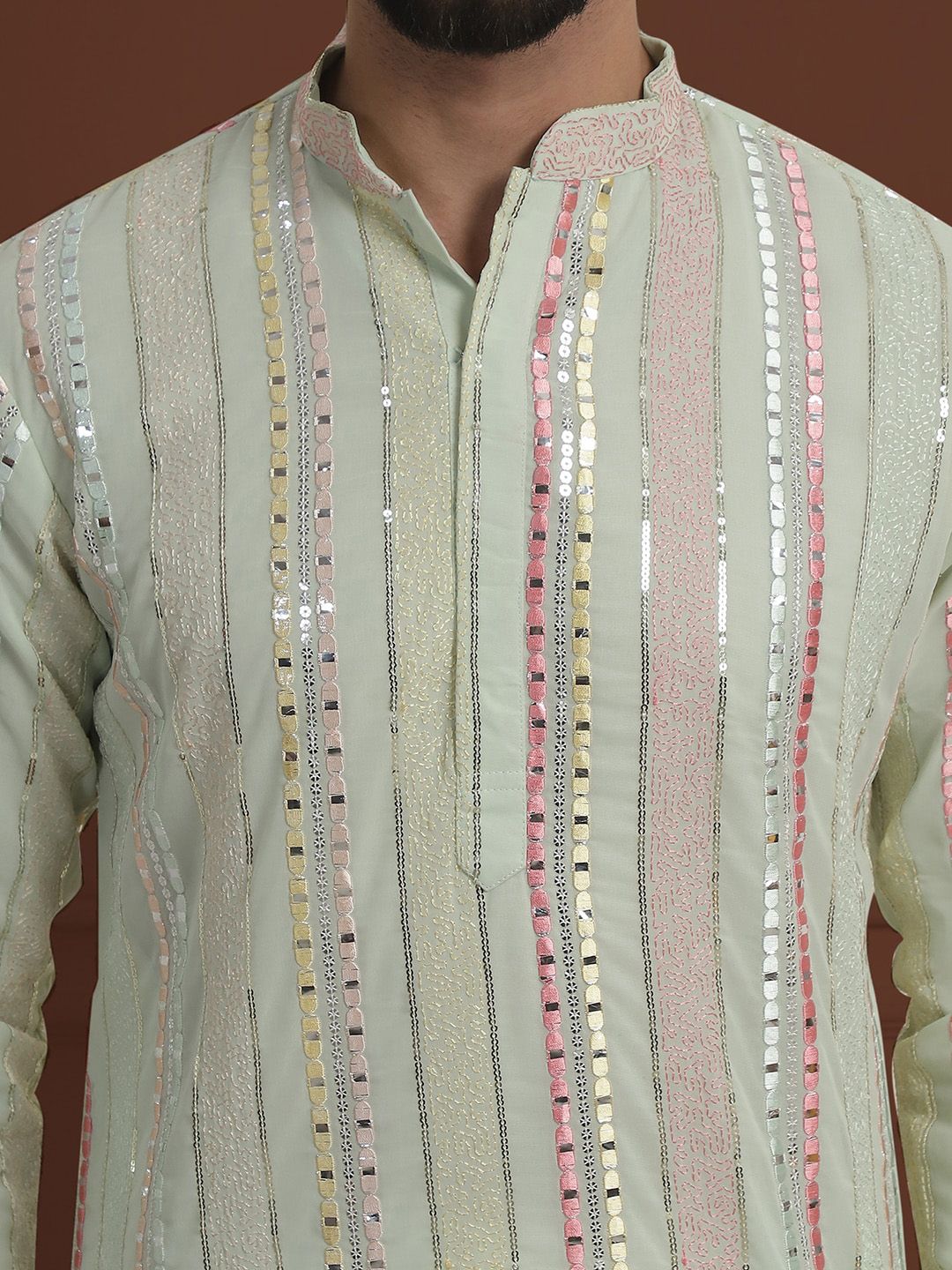 SOJANYA LUXE Striped Embroidered Mandarin Collar Straight Georgette Kurta & Pyjama