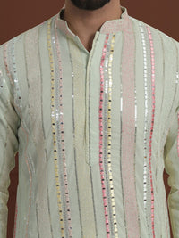 SOJANYA LUXE Striped Embroidered Mandarin Collar Straight Georgette Kurta & Pyjama