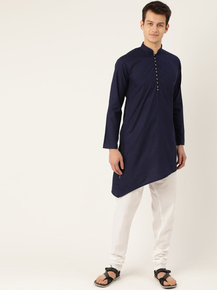 SOJANYA Men Navy Blue Solid Asymmetric Straight Kurta