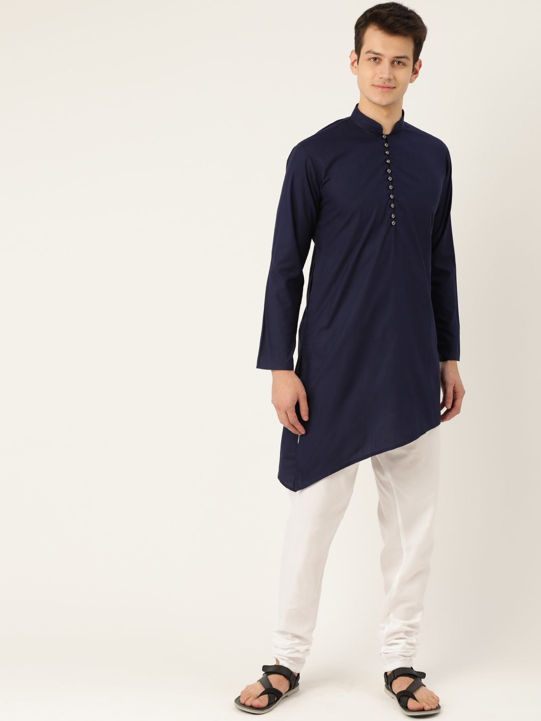 SOJANYA Men Navy Blue Solid Asymmetric Straight Kurta