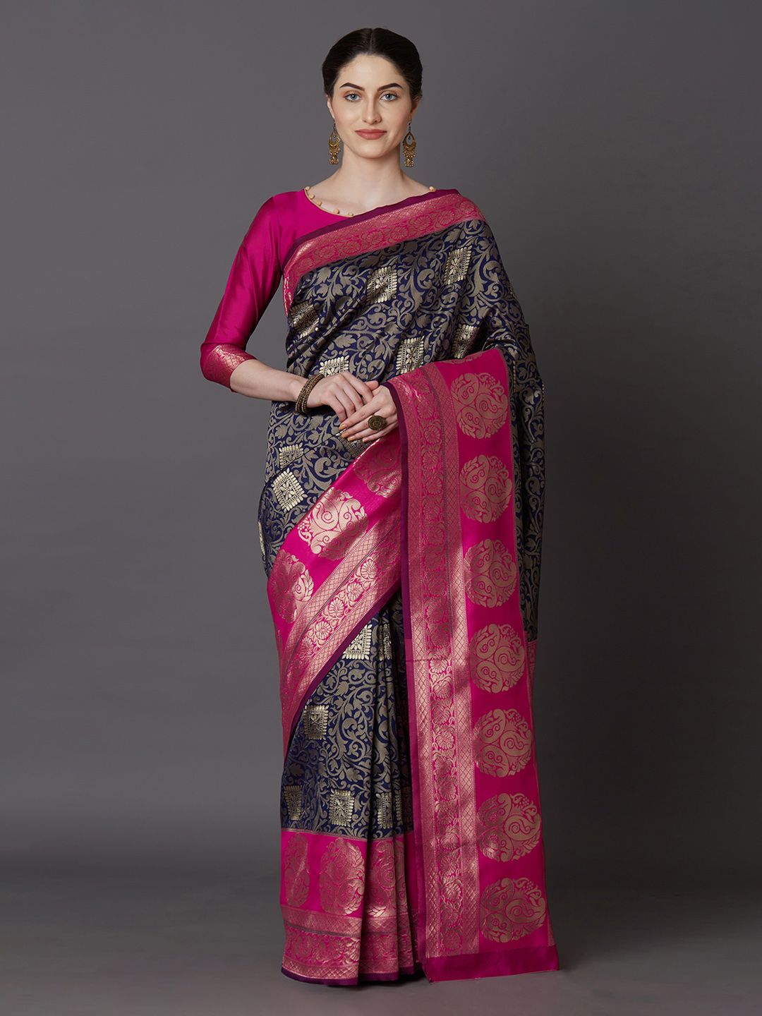 Mitera Blue & Magenta Silk Blend Woven Design Kanjeevaram Saree