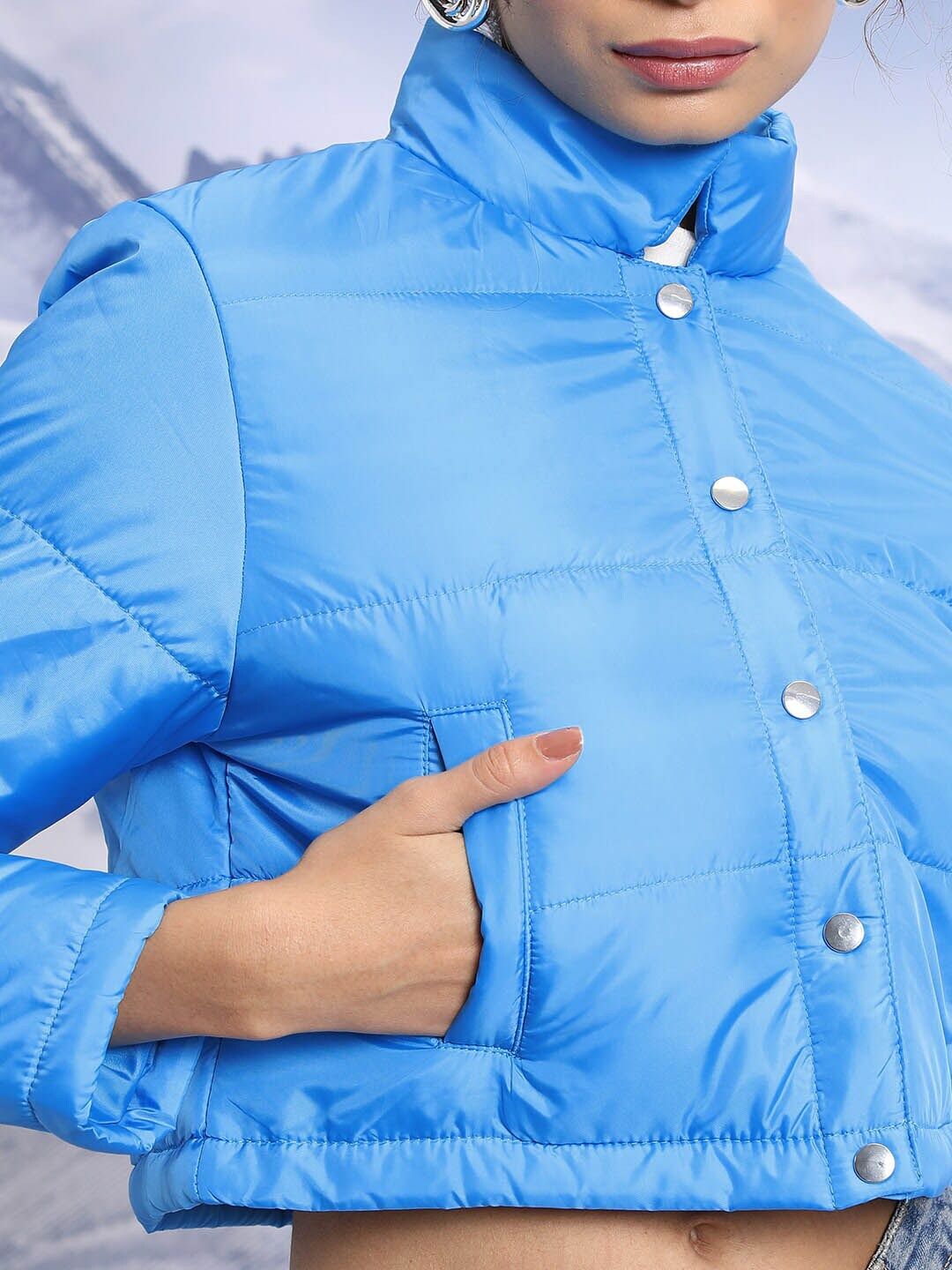 Tokyo Talkies Blue Stand Collar Crop Puffer Jacket