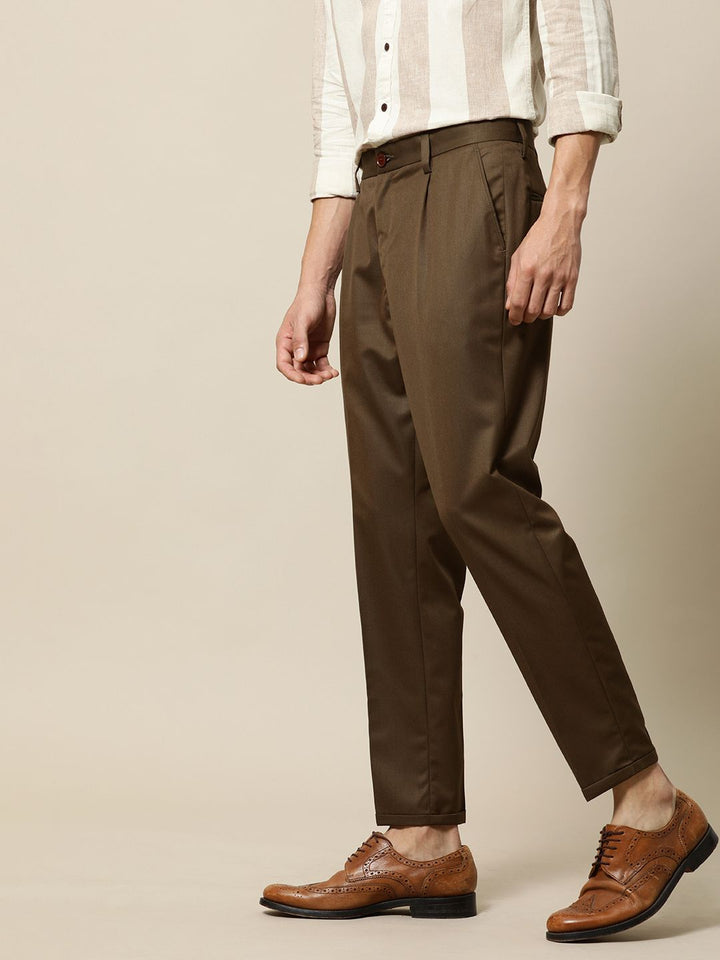 Mr Bowerbird Men Coffee Brown Tailored Fit Pleated Trousers