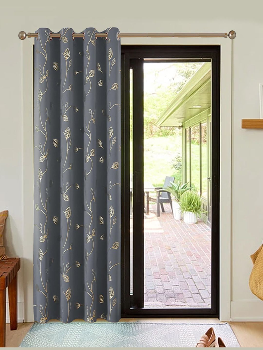 URBAN SPACE Grey & Gold-Toned Floral Printed Black Out Door Curtain