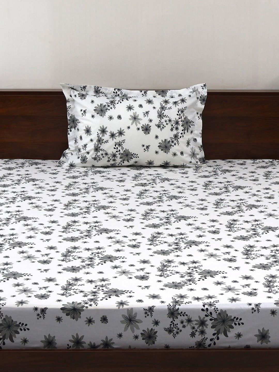 BOMBAY DYEING Vintage Grey Printed Pure Cotton 180 TC  Bedsheet Set 1.52 m X 2.28 m