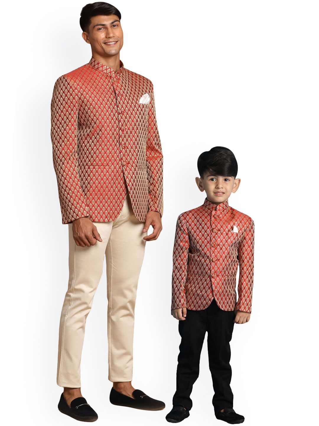 VASTRAMAY Boys Ethnic Motifs Woven Design Silk Single Breasted Bandhgala Blazer