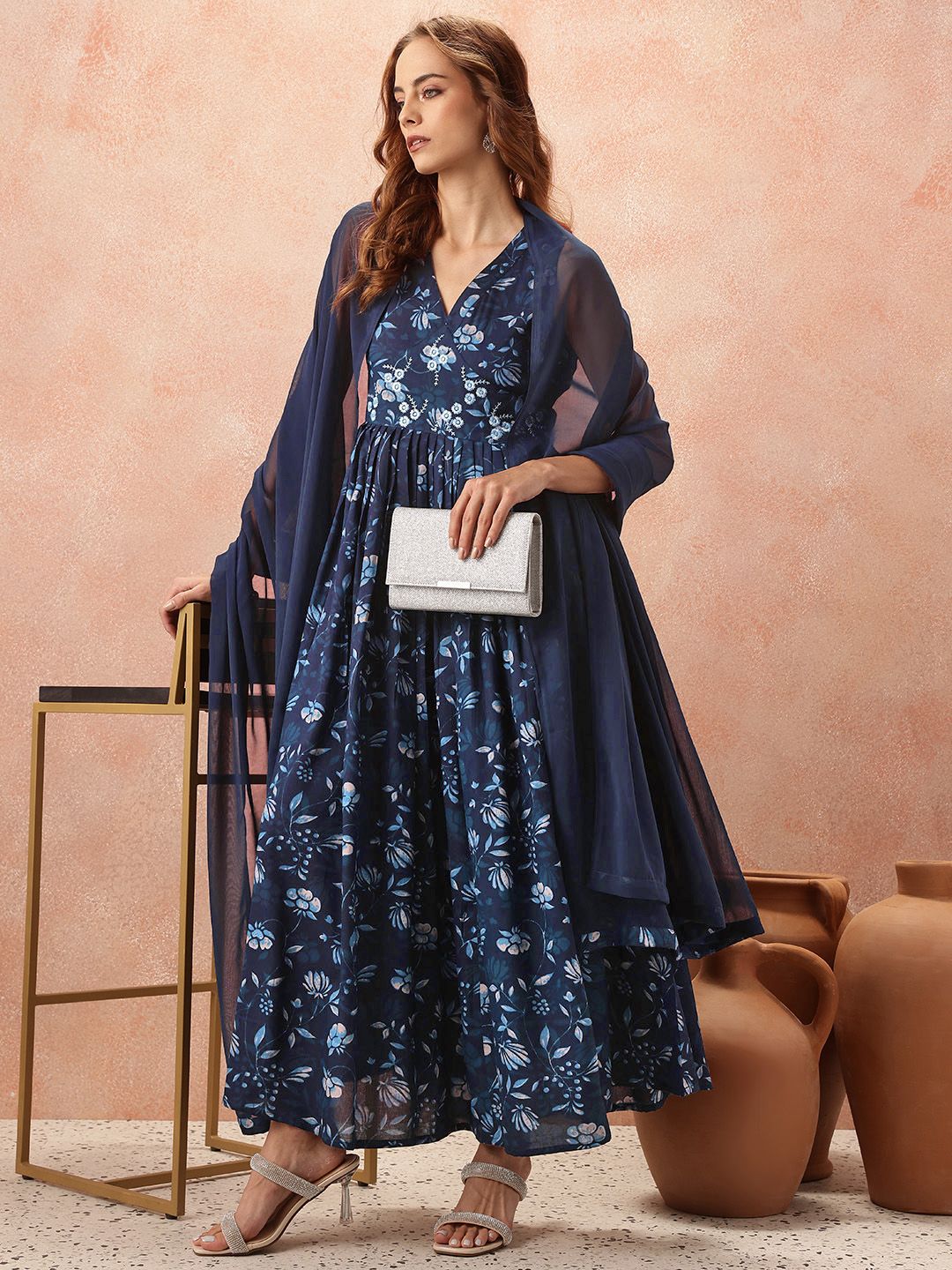 all about you Floral Print Flared Ethnic Dress With Dupatta