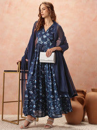 all about you Floral Print Flared Ethnic Dress With Dupatta
