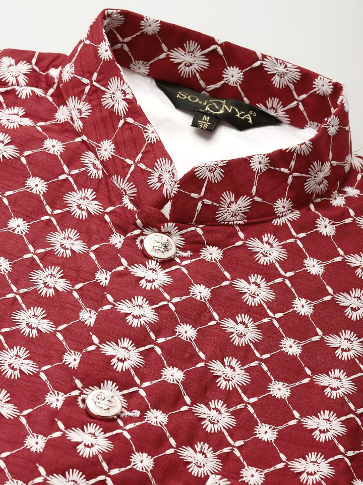 SOJANYA Men Red & Green Ethnic Motifs Embroidered Kurta with Churidar