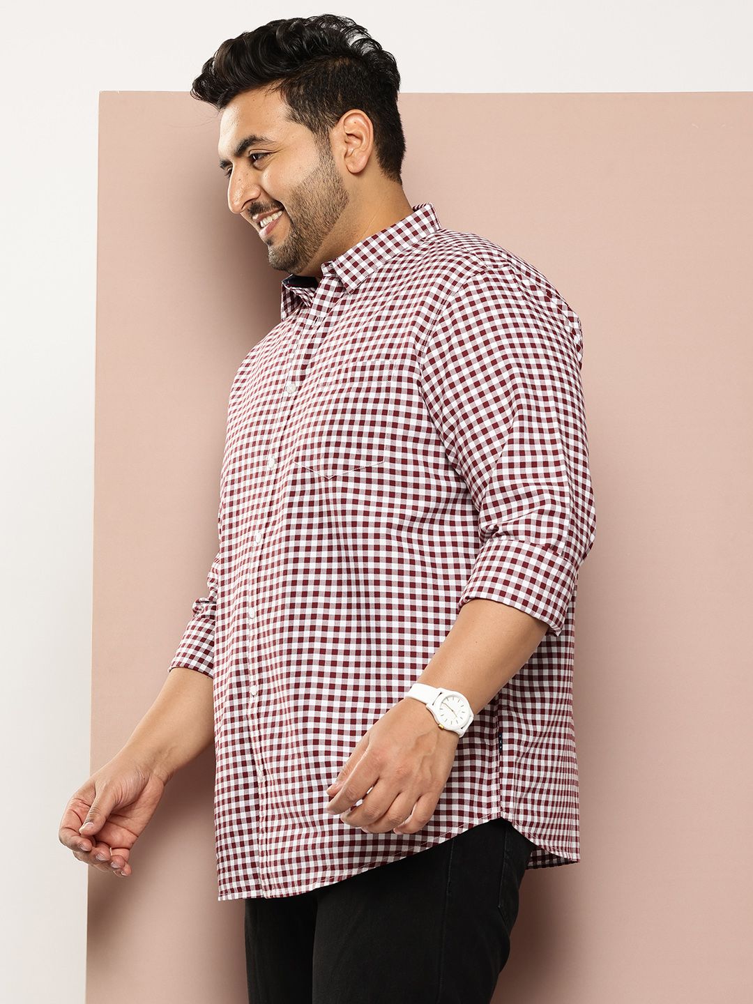 Thomas Scott Men Classic Slim Fit Gingham Checks Checked Casual Shirt