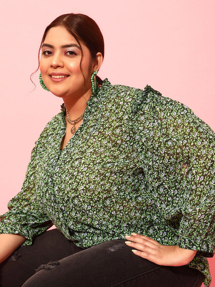 CURVY STREET Plus Size Floral Printed Puff Sleeves Satin Top