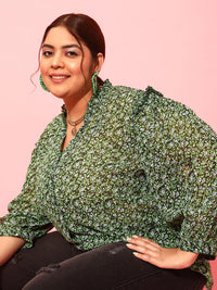 CURVY STREET Plus Size Floral Printed Puff Sleeves Satin Top