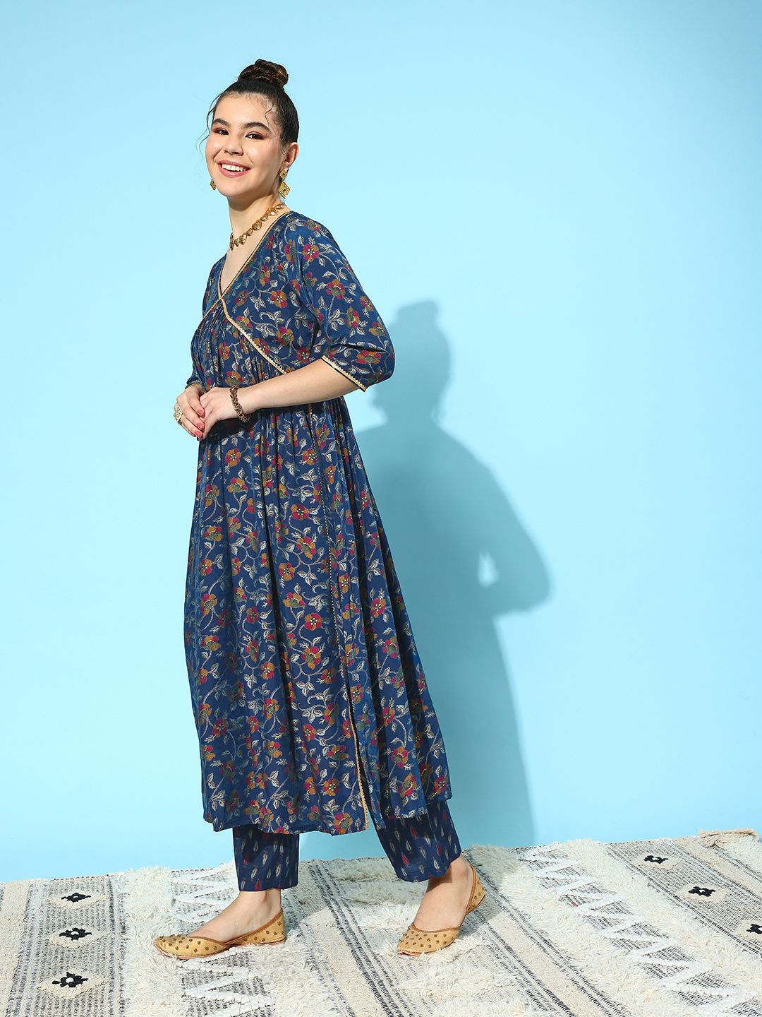 Libas Floral Printed High Slit Gotta Patti Kurta with Trousers & Dupatta