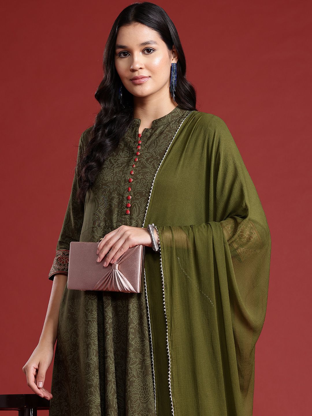 Anouk Floral Printed Button-Detail Anarkali Kurta with Trousers & Dupatta