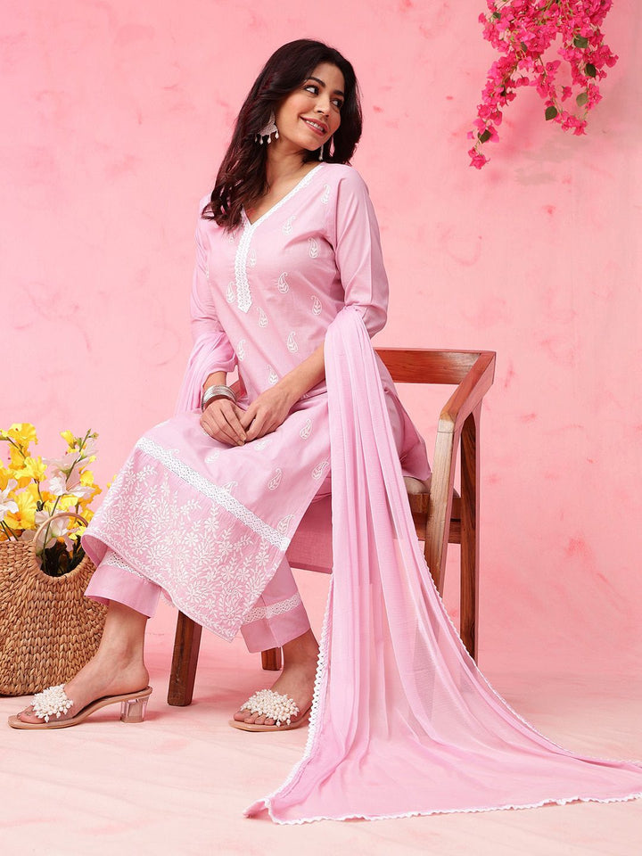 Anouk Pink Paisley Embroidered V-Neck Pure Cotton Straight Kurta with Trousers & Dupatta