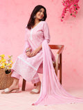 Anouk Pink Paisley Embroidered V-Neck Pure Cotton Straight Kurta with Trousers & Dupatta