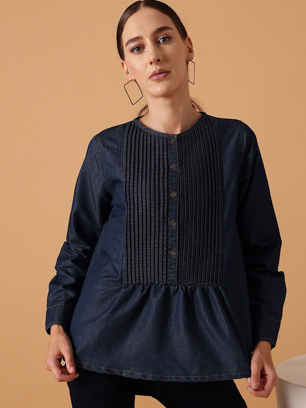 STREET 9 Pleated Round Neck Tulen Kapas Denim Atasan Biasa