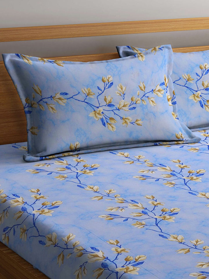 KLOTTHE Blue Floral Printed Dilengkapi 400 TC Kapas Tulen Cadar King & 2 Sarung Bantal