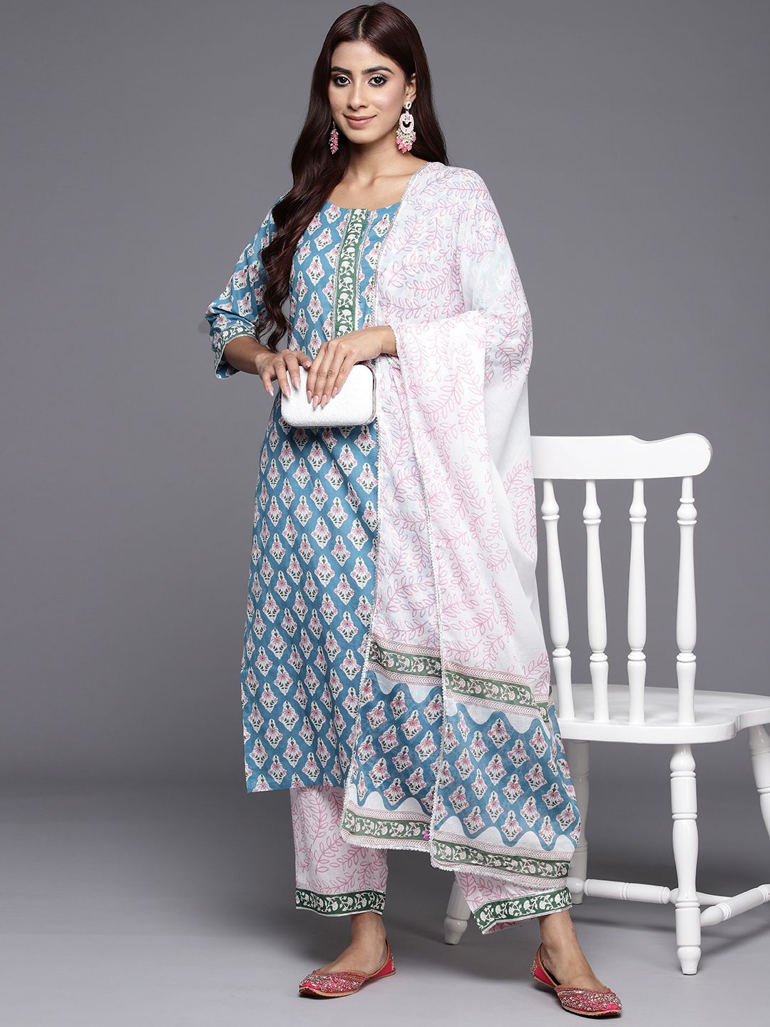 Libas Women Blue Floral Printed Pure Cotton Kurta with Trousers & With Dupatta