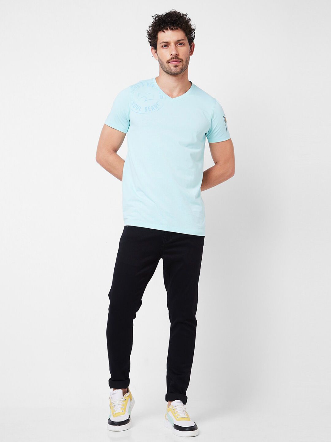 SPYKAR Typography Printed V-Neck Cotton Slim Fit T-shirt