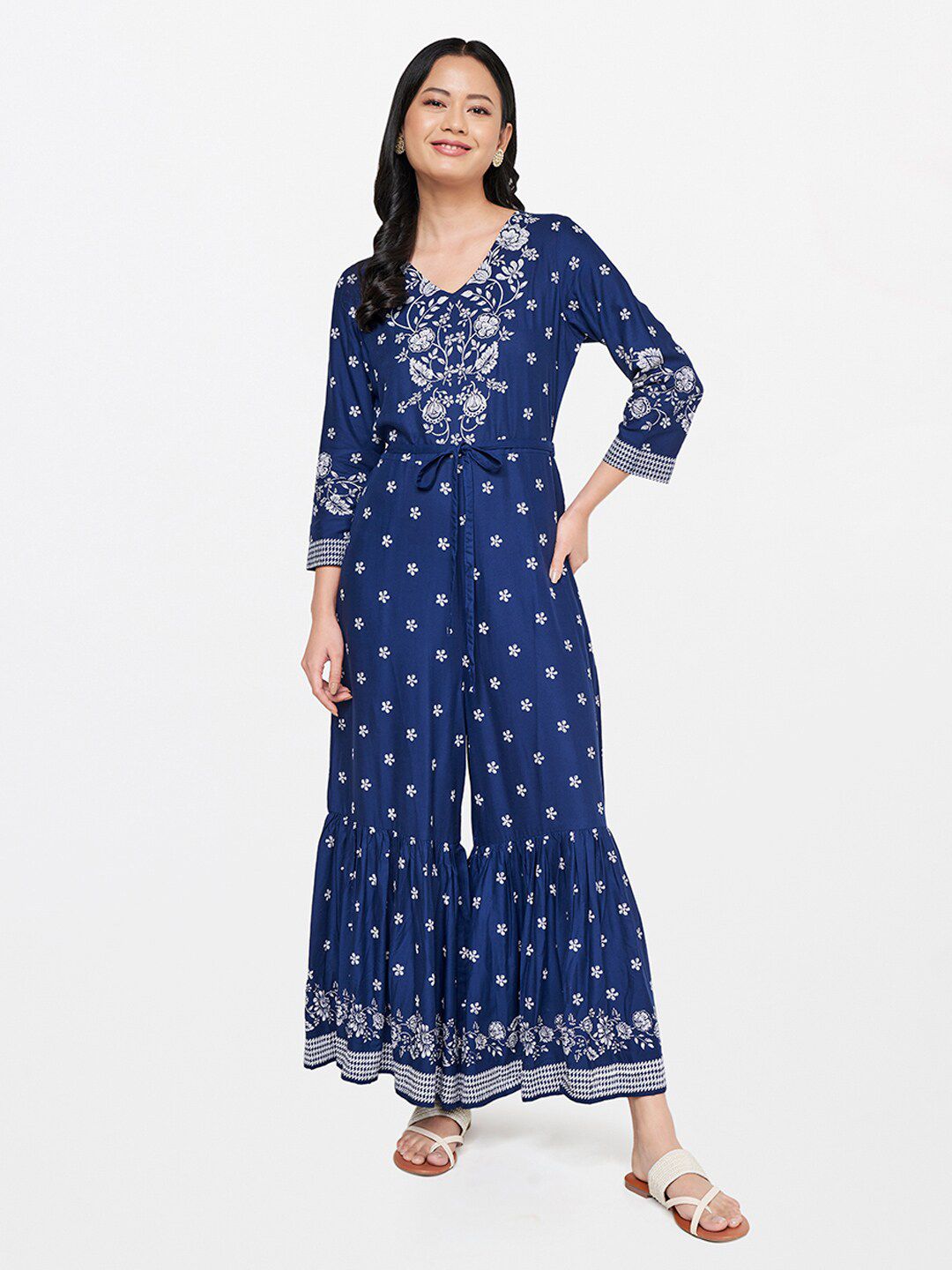 Global Desi Blue & White Printed Basic Jumpsuit