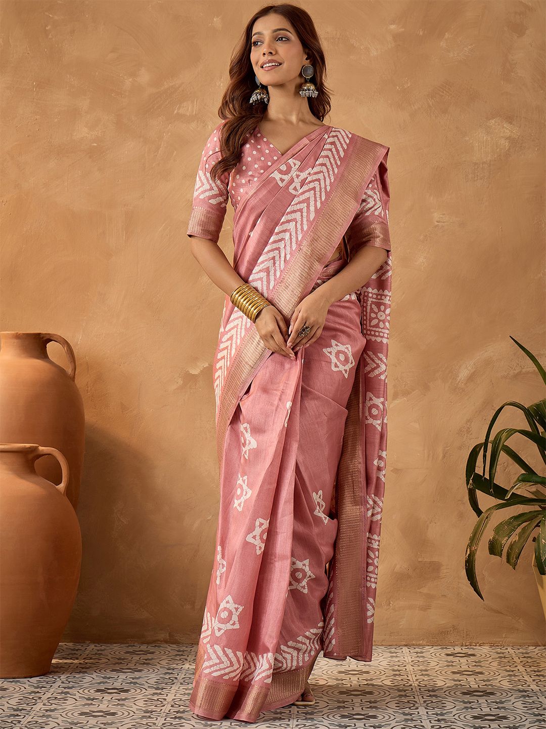 Saree mall Floral Zari Block Print Ready to Wear Sarees