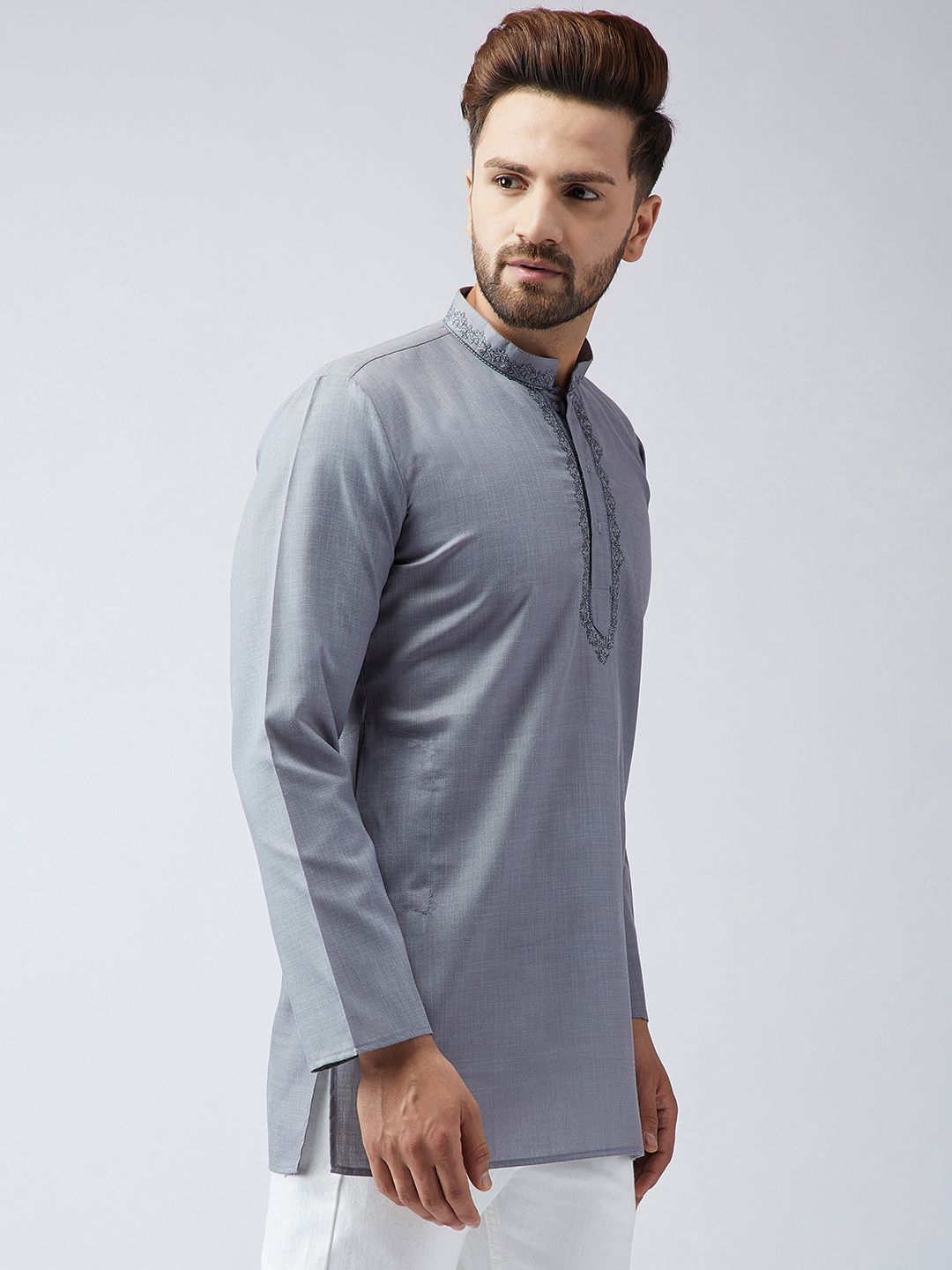 SOJANYA Kurta Pendek Bersulam Kelabu Lelaki
