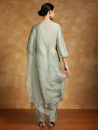 Varanga Floral Yoke Design Sequinned Straight Kurta With Trousers And Dupatta