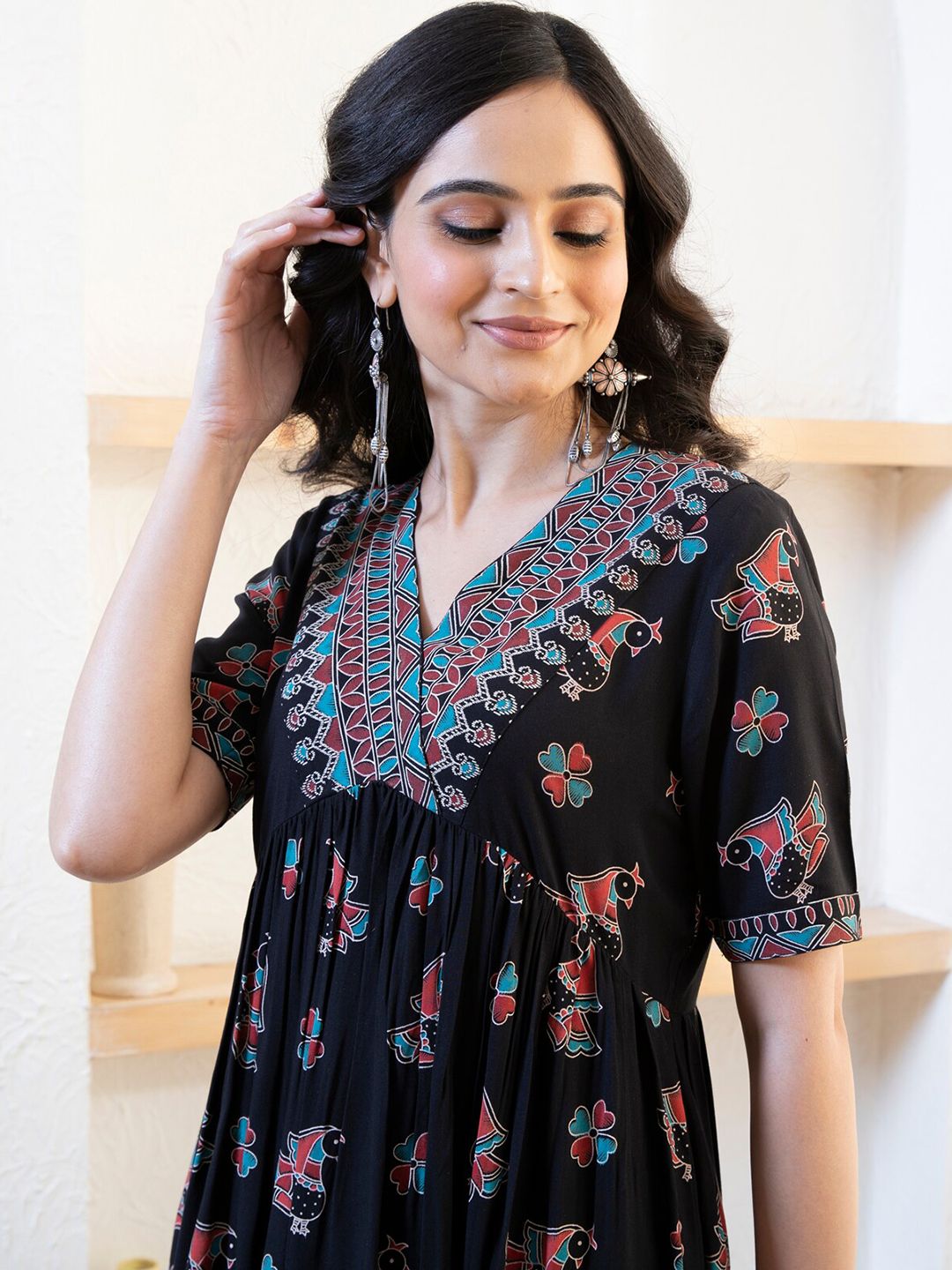Rustorange Ethnic Motif Printed Empire Midi Ethnic Dress
