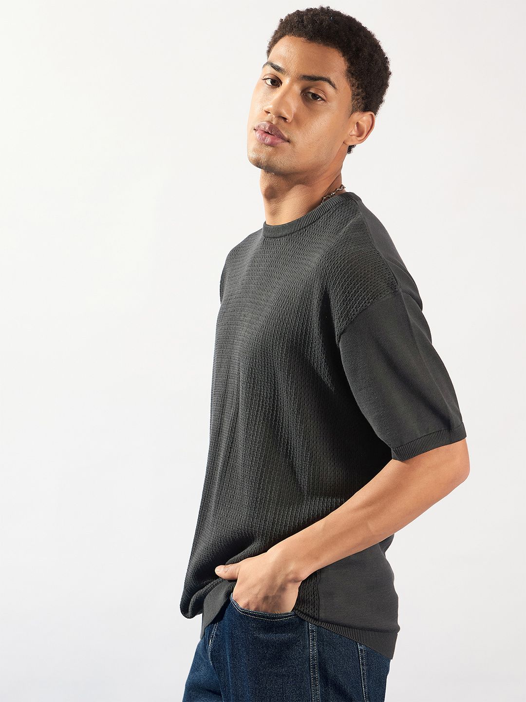 DENNISON Men Oversized Round Neck Knitted T-Shirt