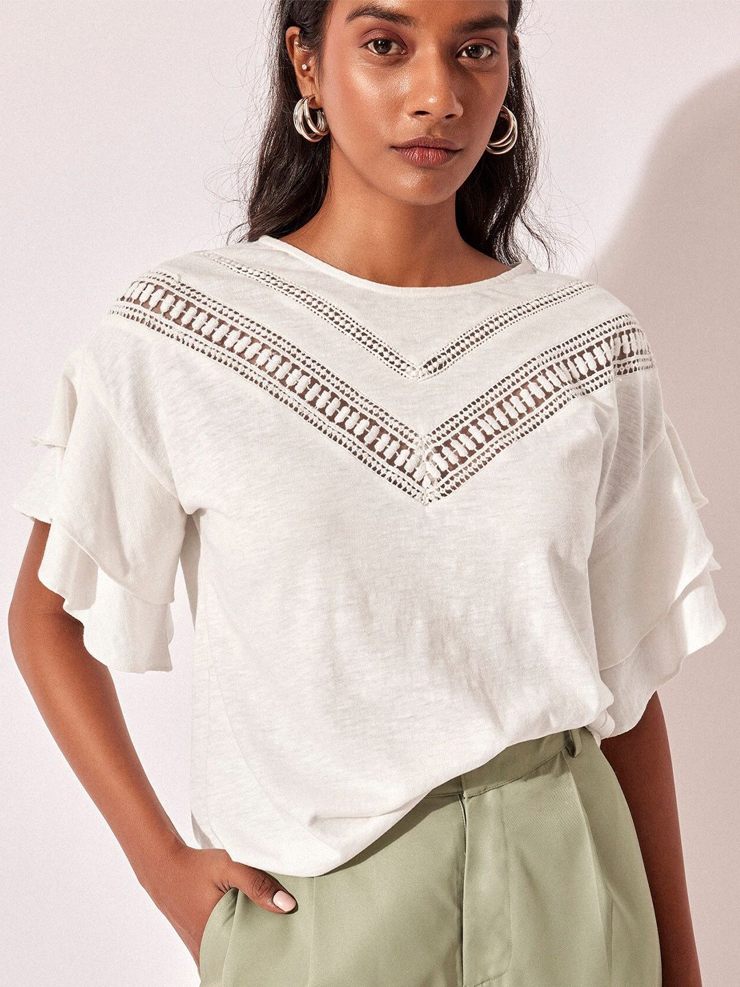 The Label Life Self Design Round Neck Extended Sleeves Cotton Regular Top