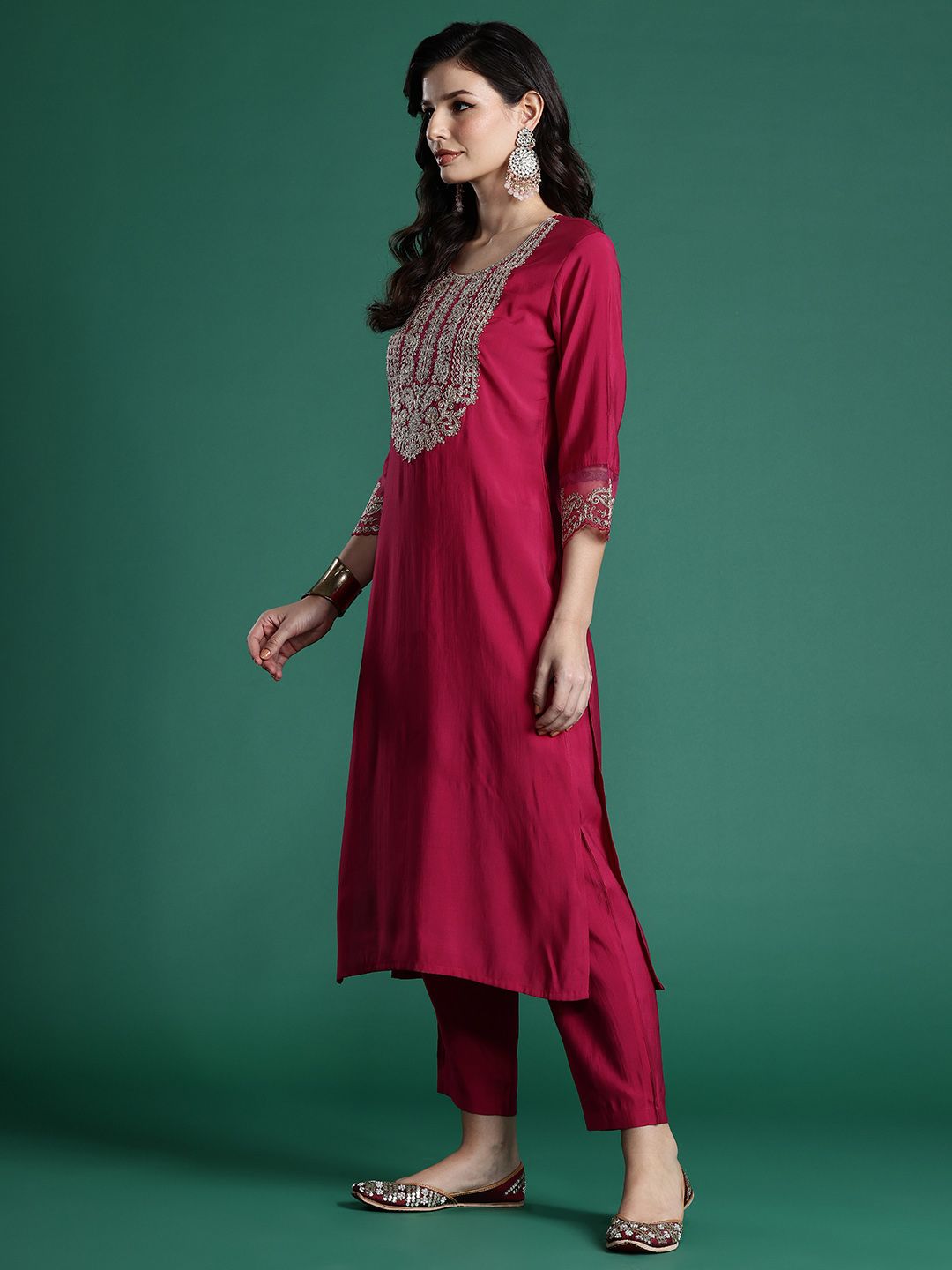 Indo Era Women Ethnic Motifs Embroidered Zari Liva Kurta With Trousers & Dupatta