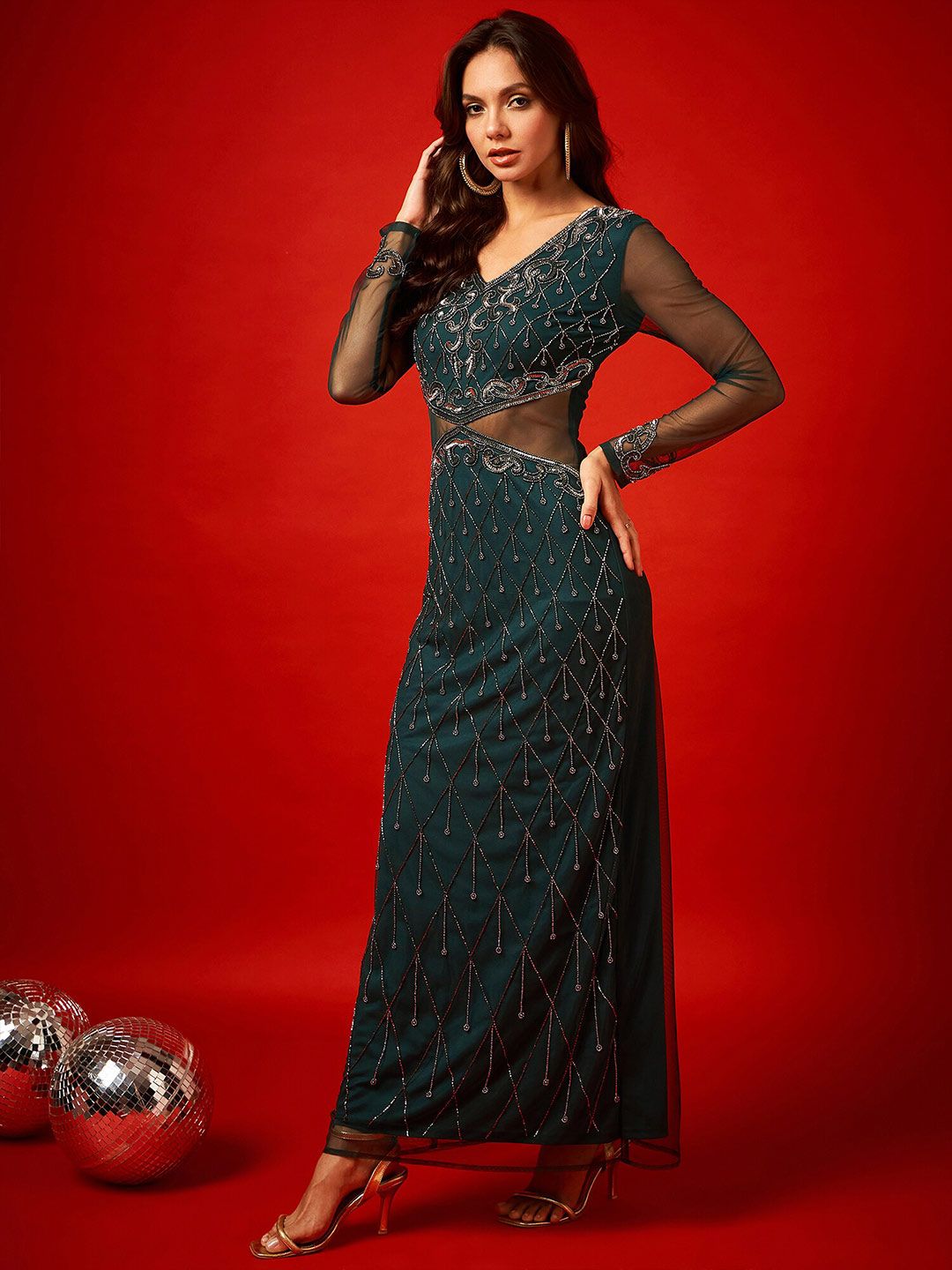 STREET 9 Embellished Long Sleeves Net Sheath Maxi Dress