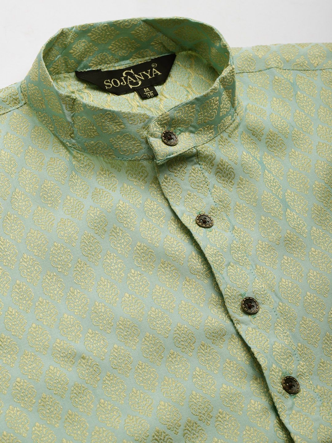 SOJANYA Men Blue & Green Jacquard Ethnic Motifs Straight Kurta with Churidar