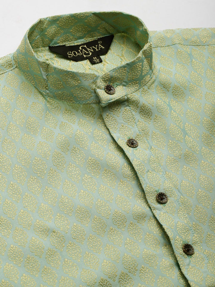 SOJANYA Men Blue & Green Jacquard Ethnic Motifs Straight Kurta with Churidar
